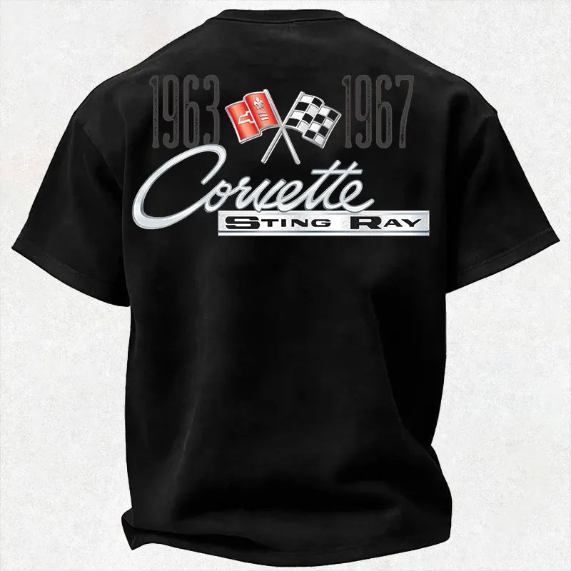 Vette C2 Sting Ray Crossed Flags Logo Cotton Print Men's T-Shirt
