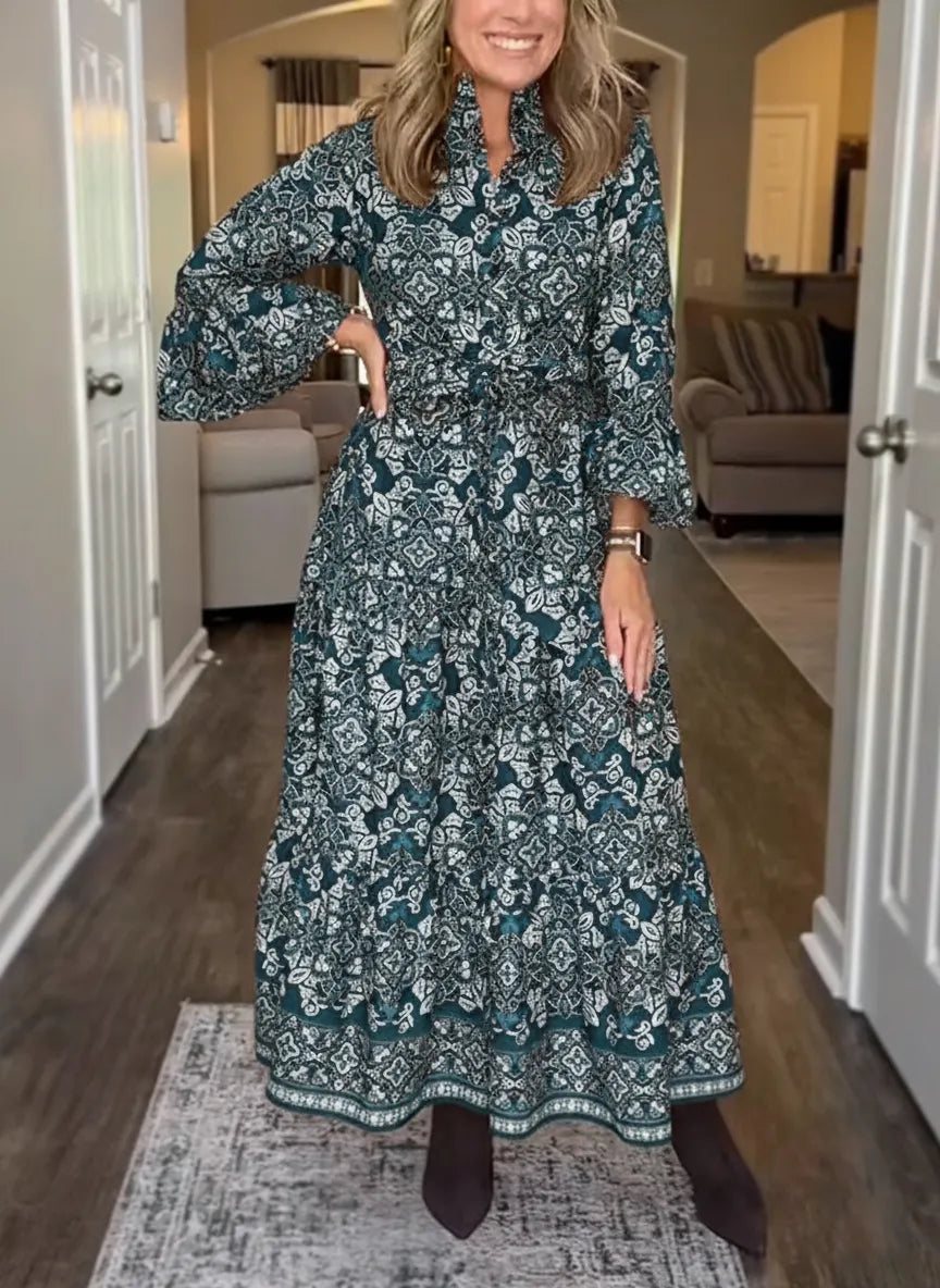 NEW🔥 Vintage Printed Long Sleeve Dress with Tie Belt