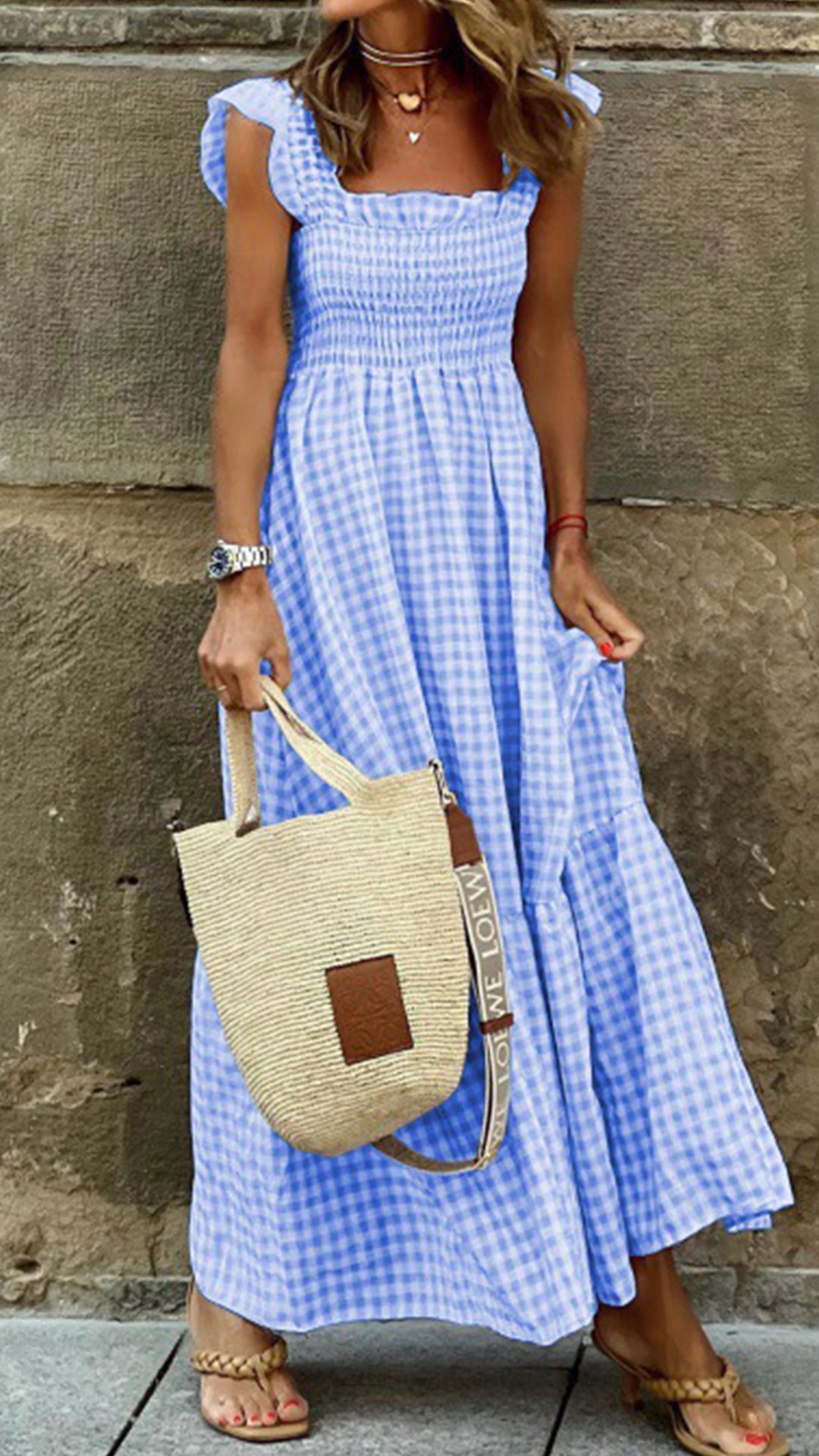 Women's  Beige Gingham Linen-Blend Maxi Dress