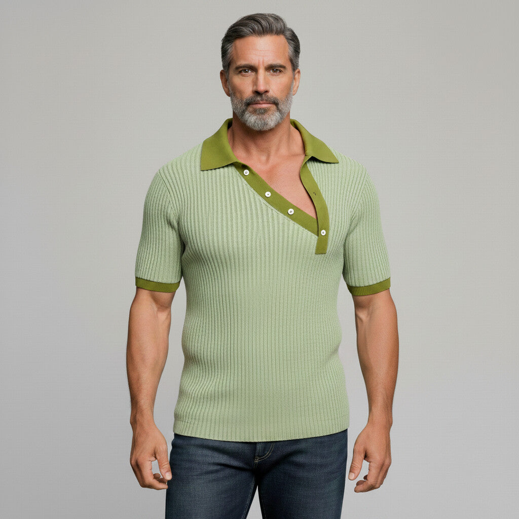 Men's Fashion Sage Green Contrast Trim Diagonal Placket Ribbed Polo Shirt