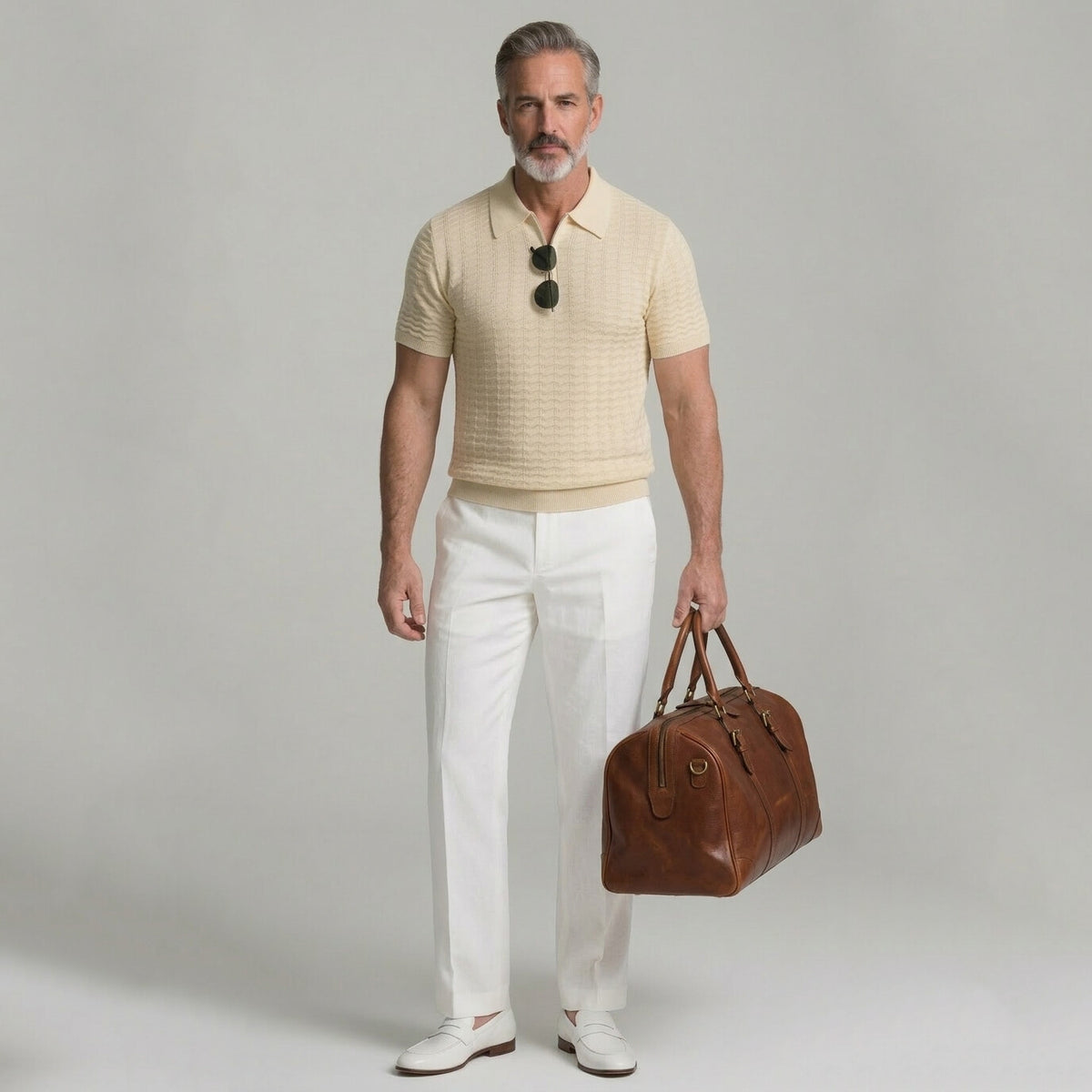 Men's Business Casual Solid Color Geometric Texture Zipper Polo Shirt
