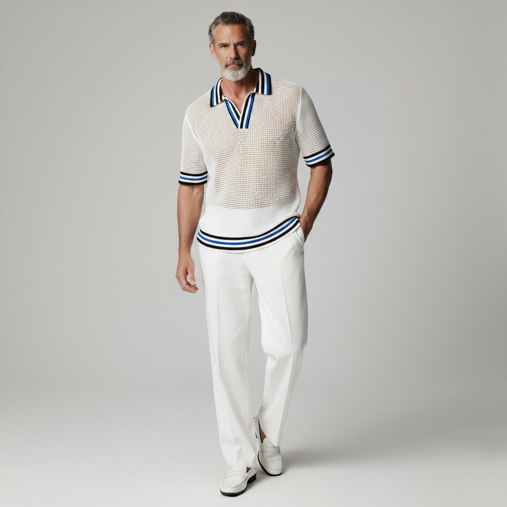 Men's Fashion Contrast Striped Trim Mesh Hollow Out Knitted Polo Shirt