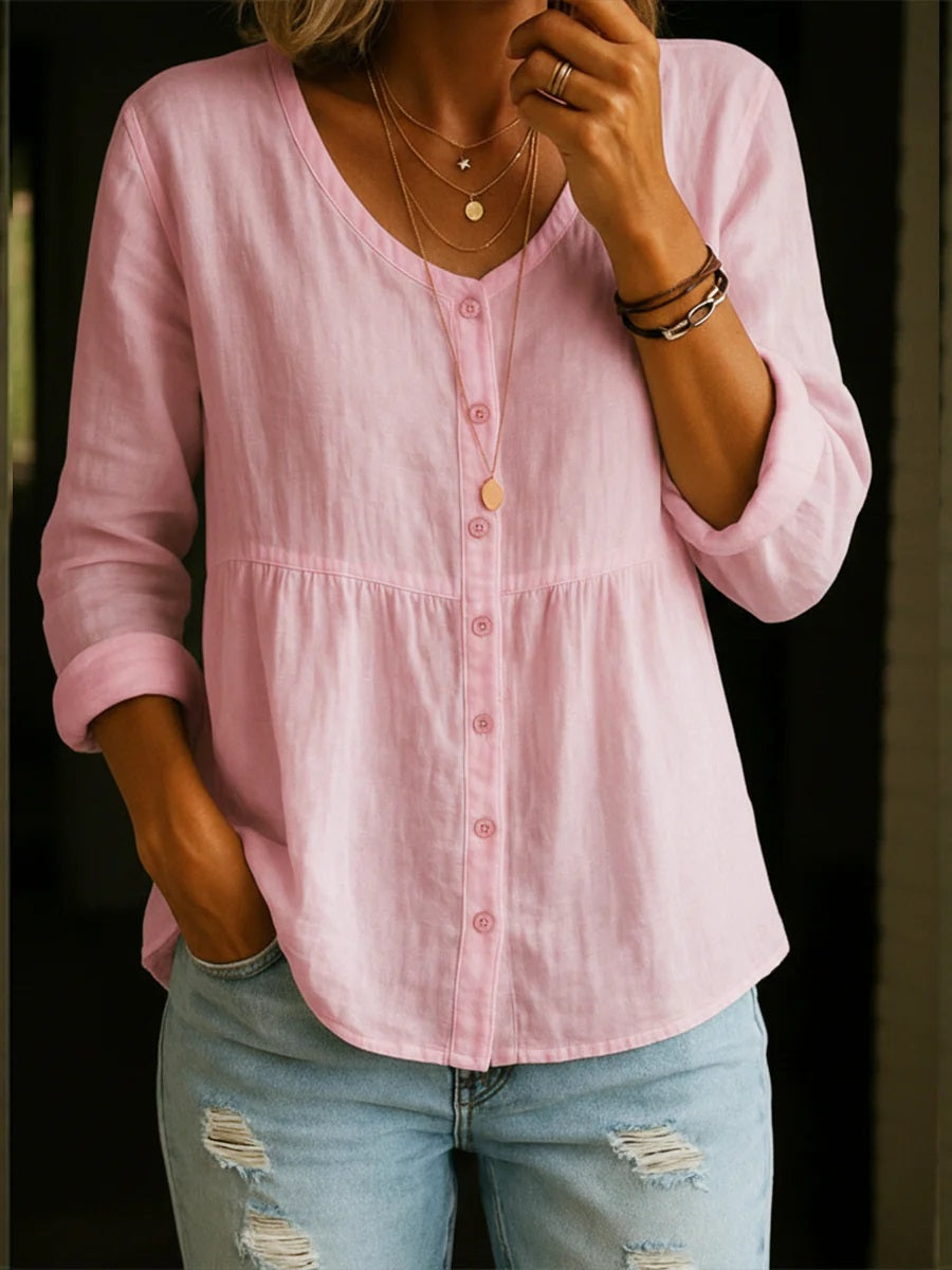 New Arrivals🔥 Women's Linen Cotton Blend Shirt - 3/4 Sleeve Crew Neck Loose Hip-Length Casual Blouse
