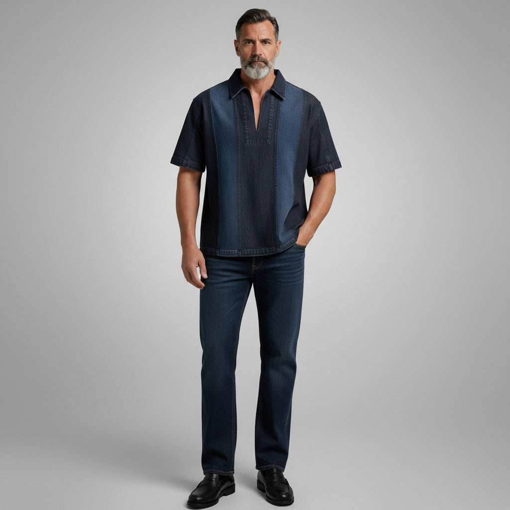 Men's Dark Blue Turndown Collar Contrast Color Seam Detail Short Sleeve Polo Shirt