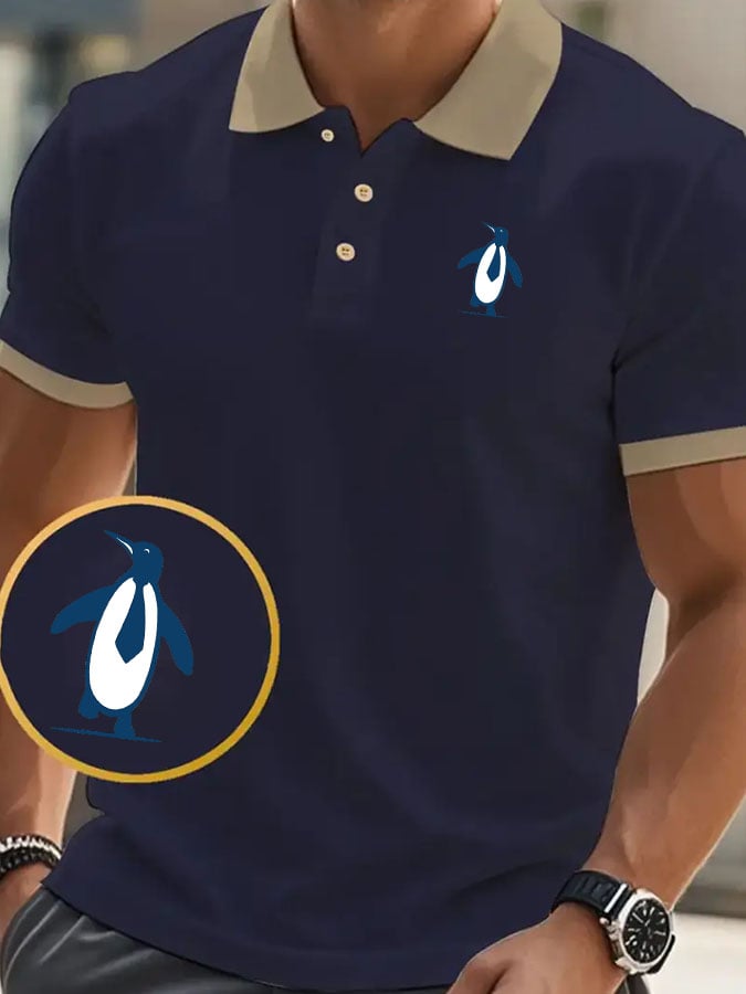 Men's Classic Casual Business Penguin Fashion Color Block Polo Shirt