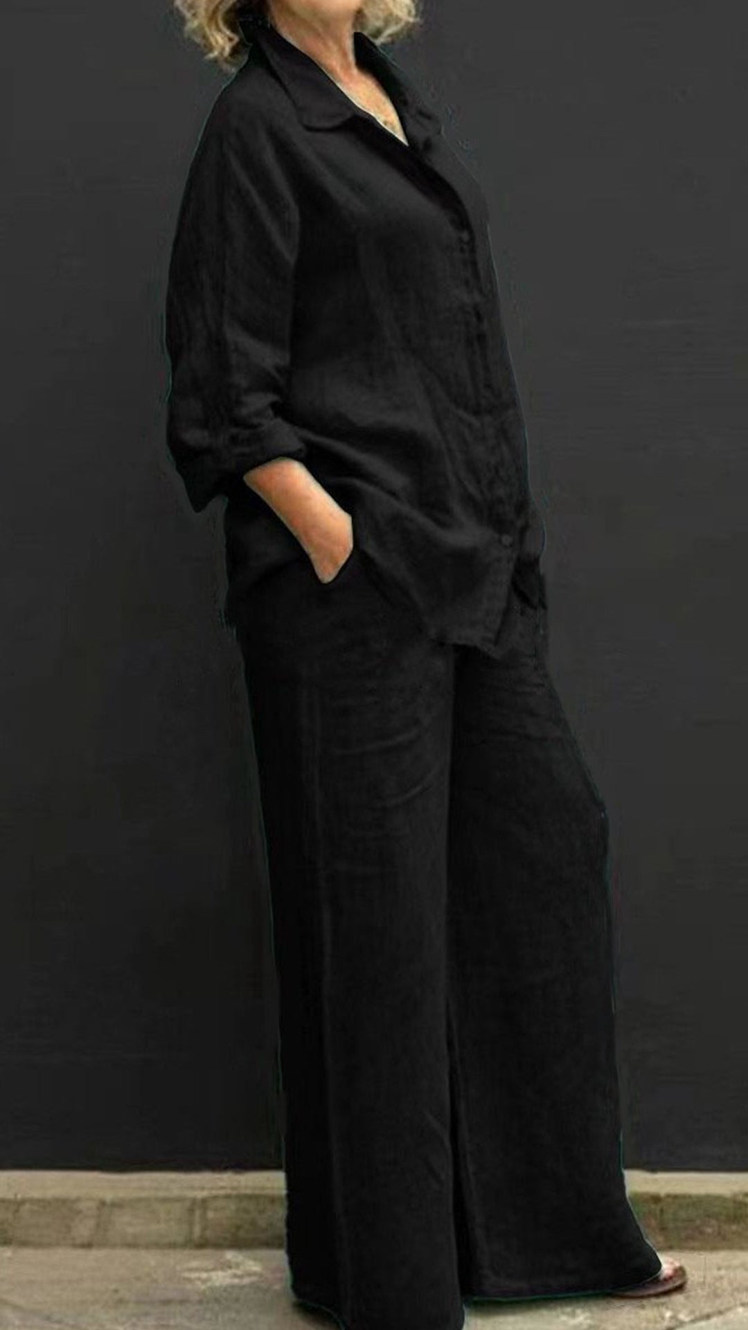 Women's Linen Lapel Shirt & Wide-Leg Pants Two-Piece Set