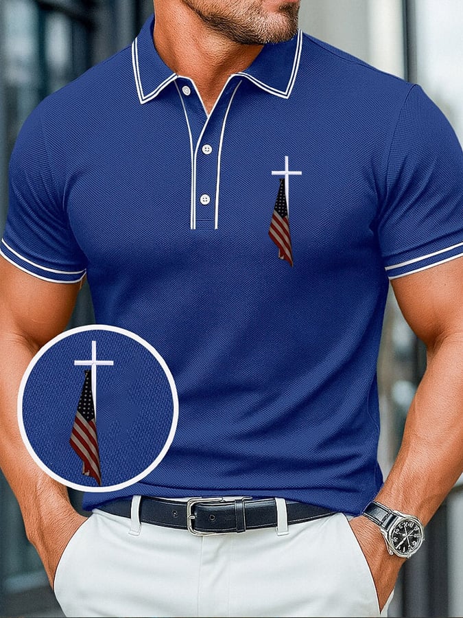 Men's Cross&American Flag Printed Casual Polo Shirt