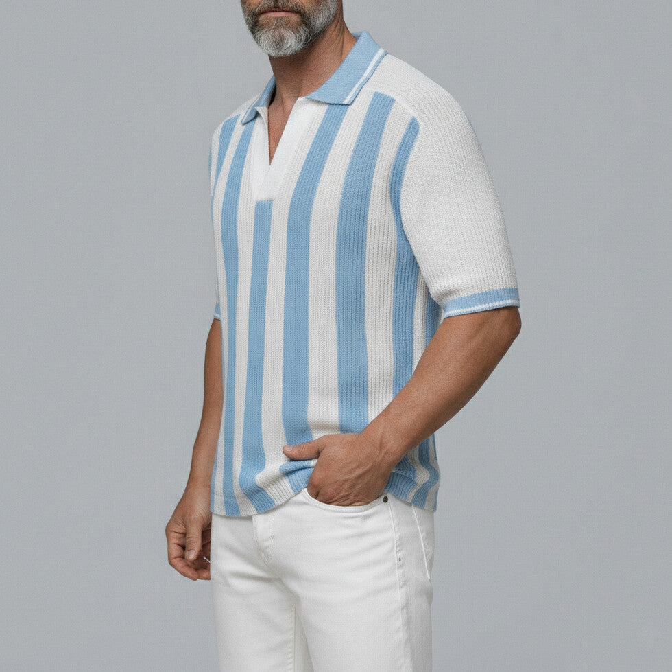 Men's White Contrast Striped Pattern Knitted Short Sleeve Polo Shirt