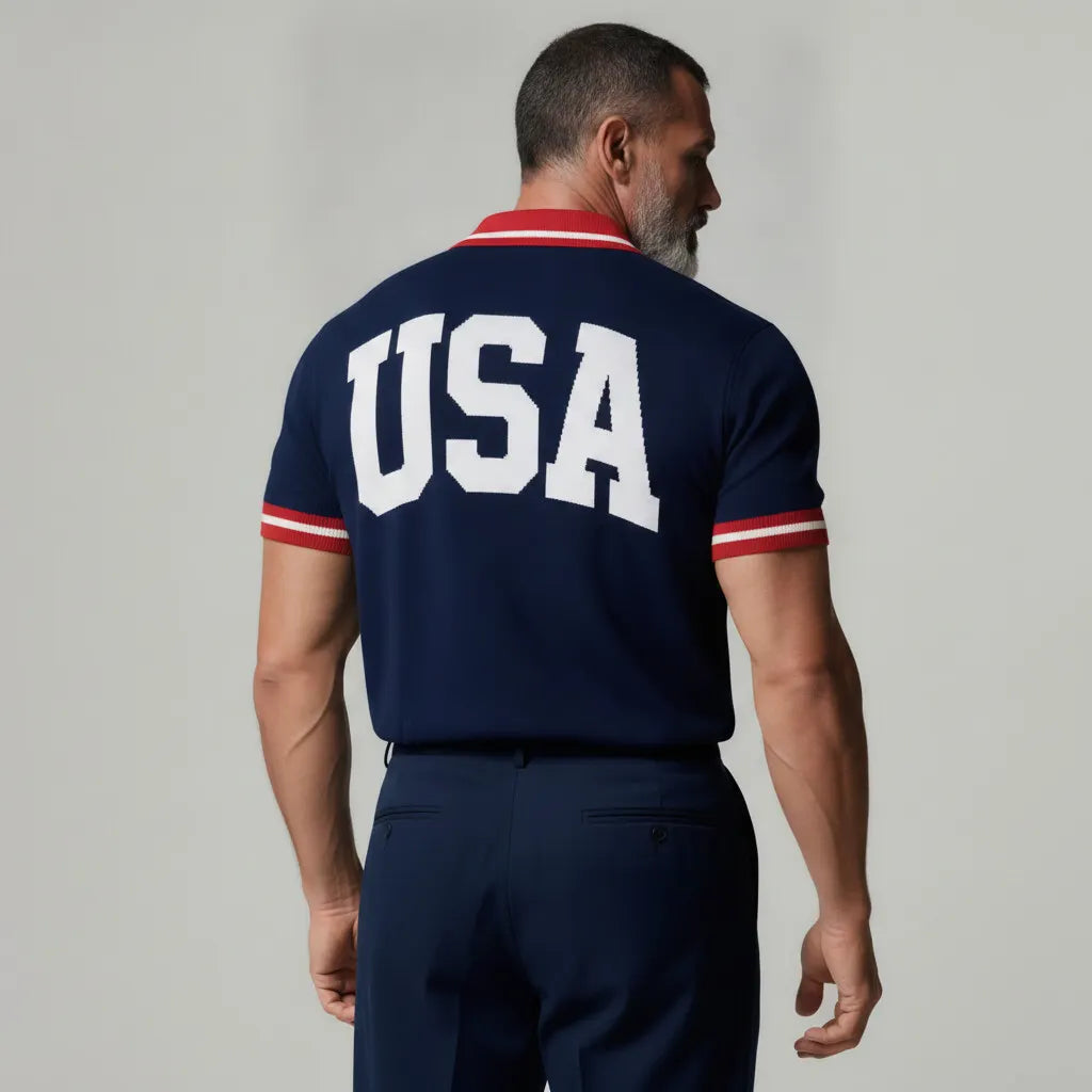 Men's Navy Blue Contrast Trim Turndown Collar Back Letter Pattern Polo Shirt