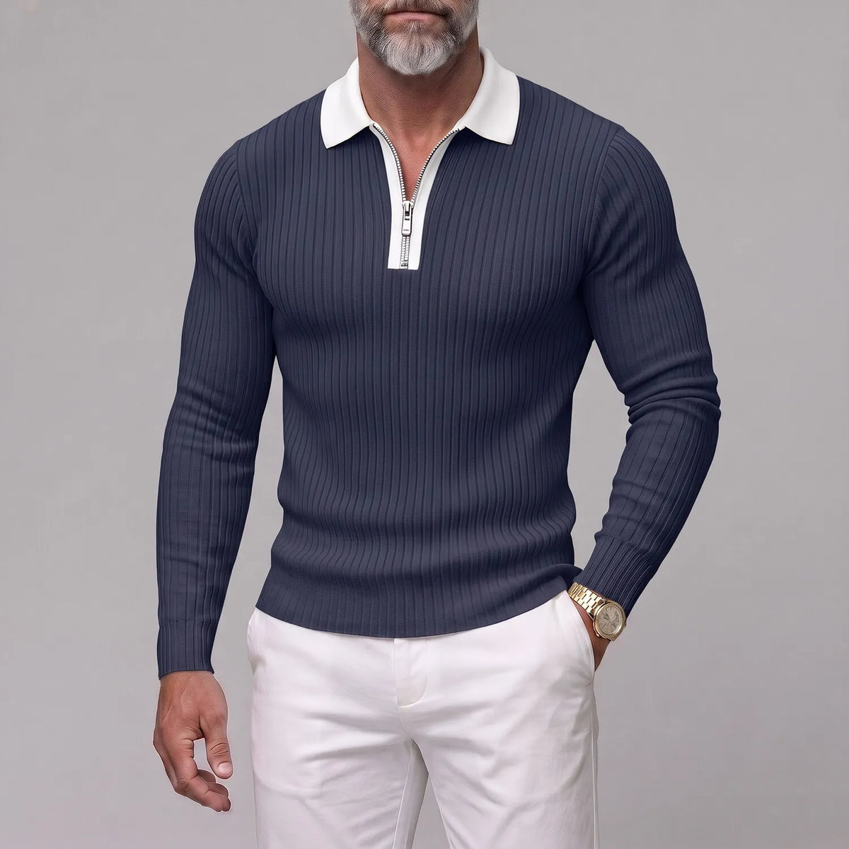 Men's Business Casual Solid Color Ribbed Knit Slim Zipper Long Sleeve Polo Shirt