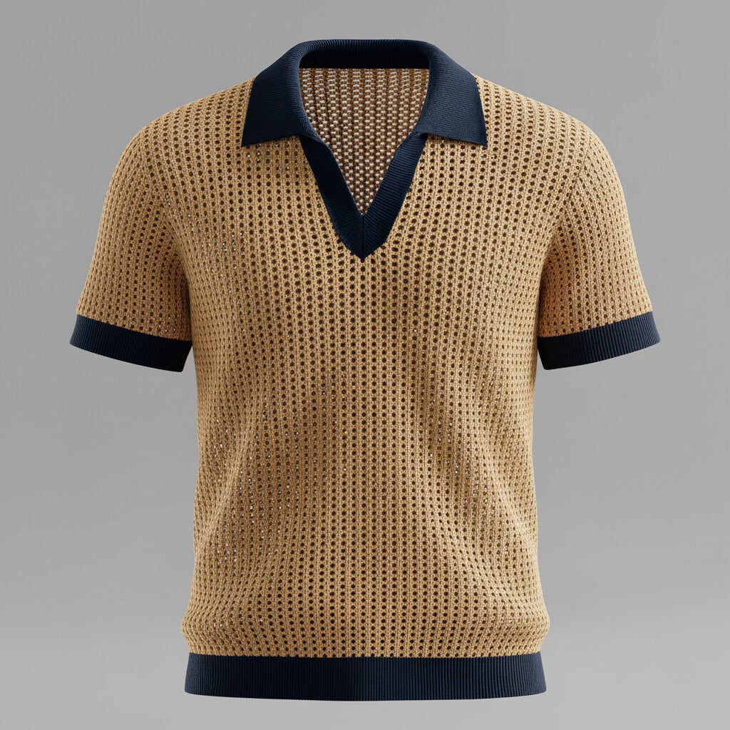 Men's Khaki Turndown Collar Contrast Trim Knitted Hollow Out Polo Shirt
