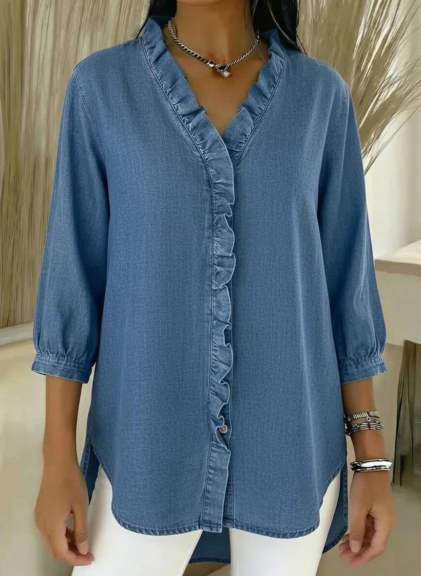 New Arrivals🔥 Women's Casual Denim V-Neck Ruffled Shirt
