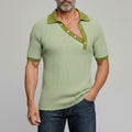 Men's Fashion Sage Green Contrast Trim Diagonal Placket Ribbed Polo Shirt