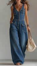 Women's Washed Denim Loose-Fit Sleeveless Jumpsuit with Straps