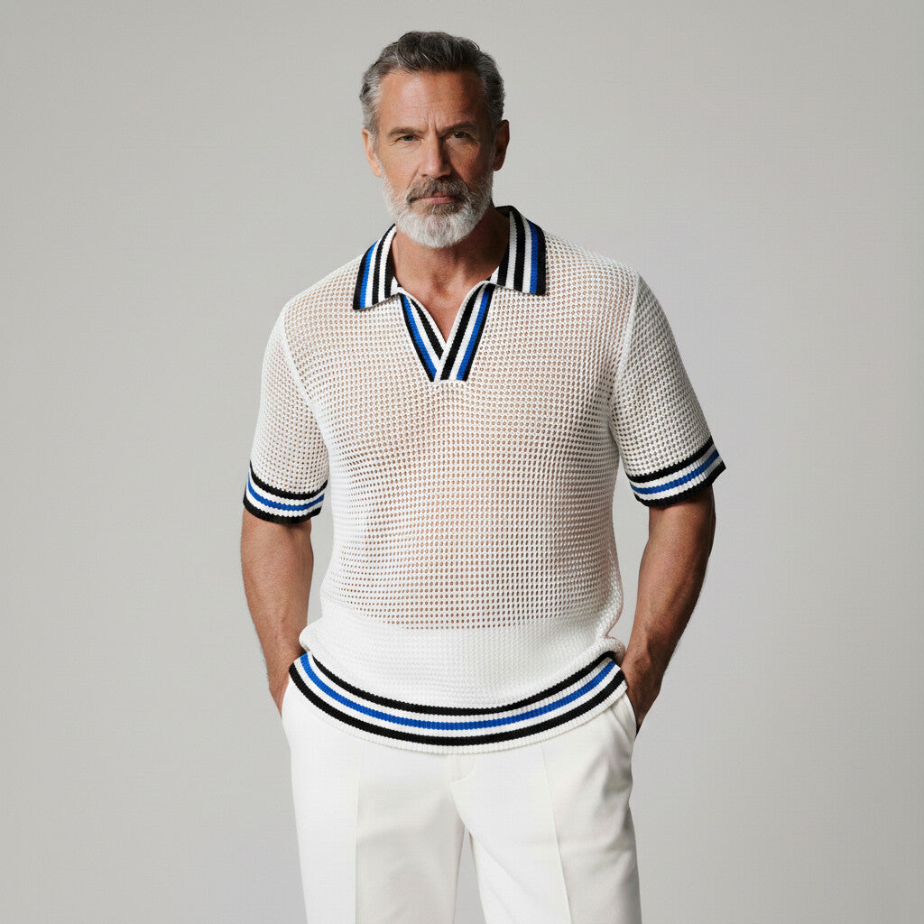 Men's Fashion Contrast Striped Trim Mesh Hollow Out Knitted Polo Shirt
