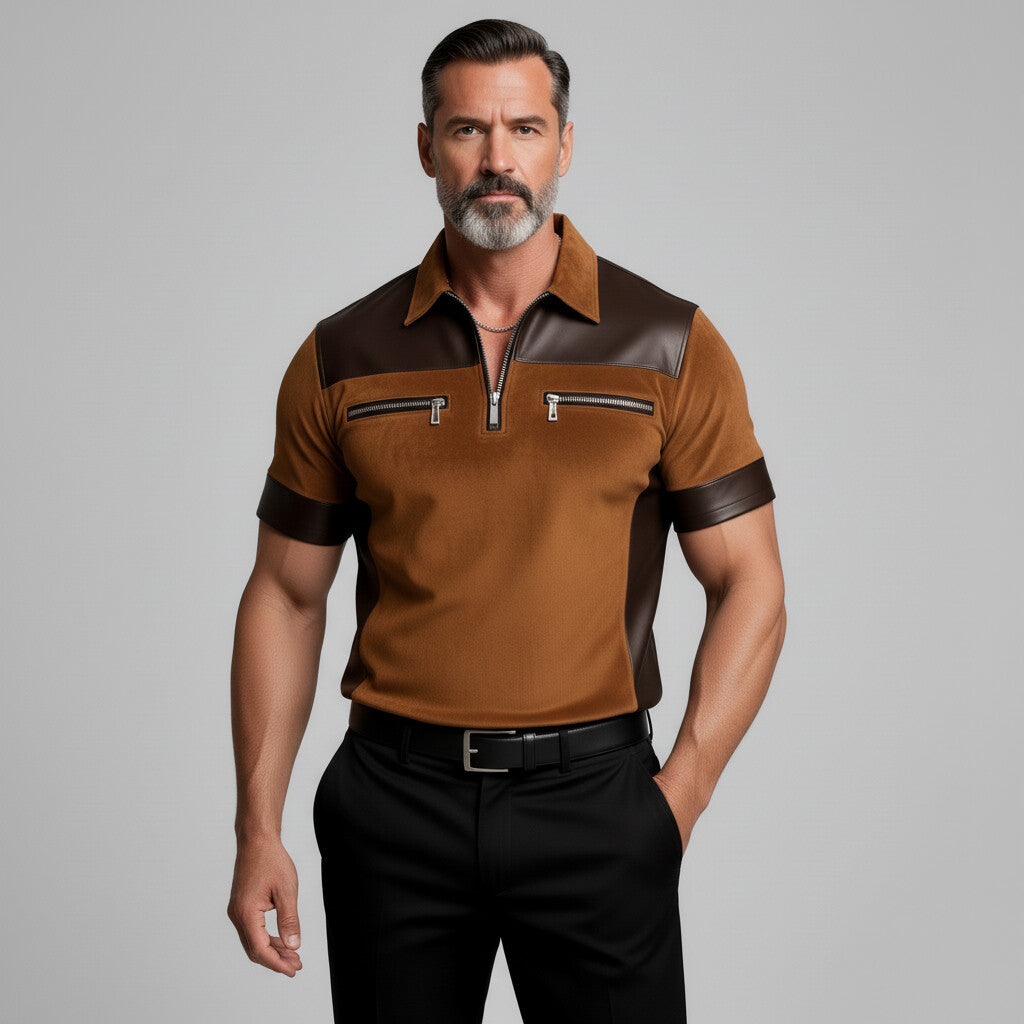 Men's Western Dark Brown PU Leather Patchwork Suede Slim Fit Zipper Polo Shirt
