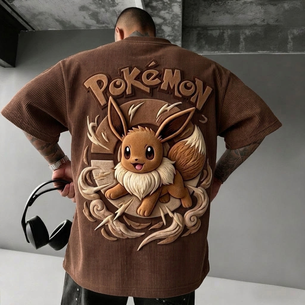 Pokémon Unisex Anime-Style Retro Corduroy Oversized T-Shirt