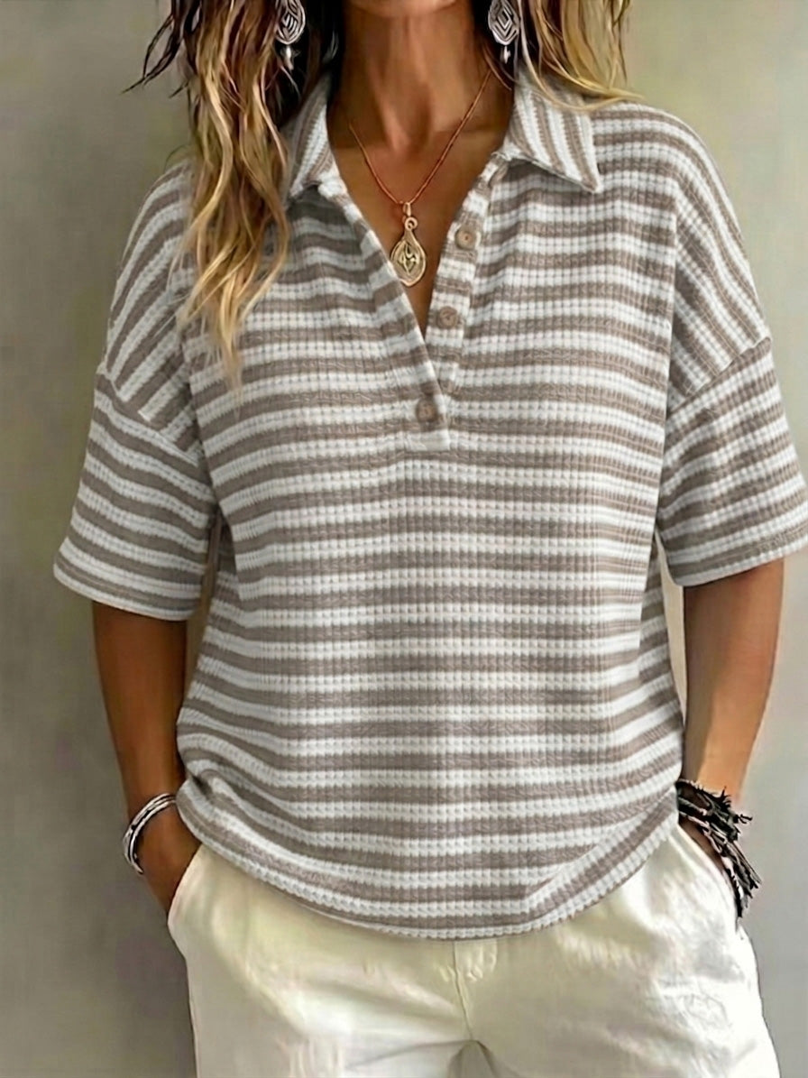 CLEARANCE SALE Women'S Fashion Striped Waffle Short-Sleeved Polo Shirt