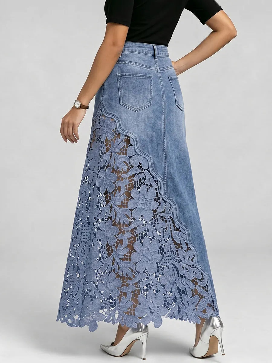 Stylish & Sexy ❤️‍🔥 Lace-paneled Cutout Denim Skirt