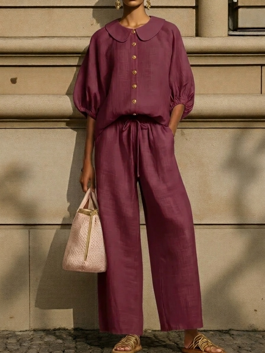 Clearance Sale🔥 Stylish Peter Pan Collar Shirt And Wide-leg Pant Linen Two-piece Set