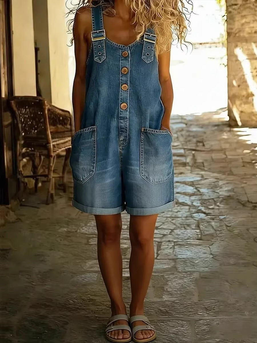 Women's Casual Denim Jumpsuit With Adjustable Buckle