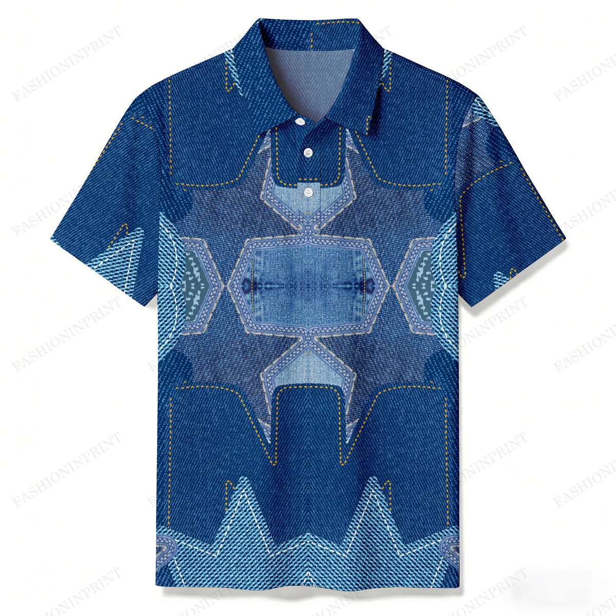 Men's Casual Dark Blue Geometric Short-Sleeve Shirt