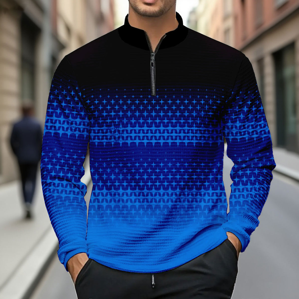 Men's Fashion Casual Stand Collar Zipper Geometric Printed Long-Sleeved T-Shirt 189757