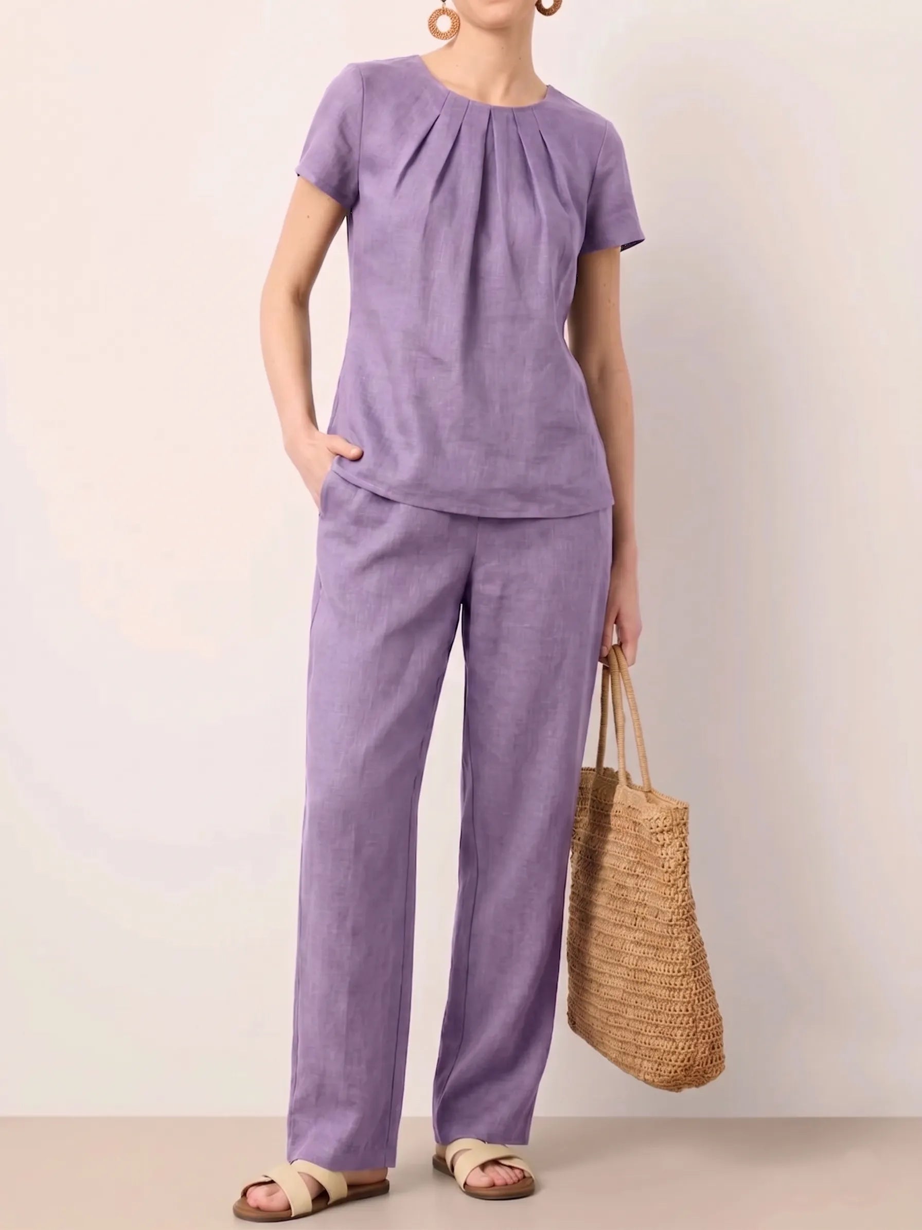 Clearance Sale🔥 Women's Summer Linen Blend 2-Piece Set: Elegant Pleated Round Neck Short Sleeve Top & Wide Leg Long Pants Casual Loungewear