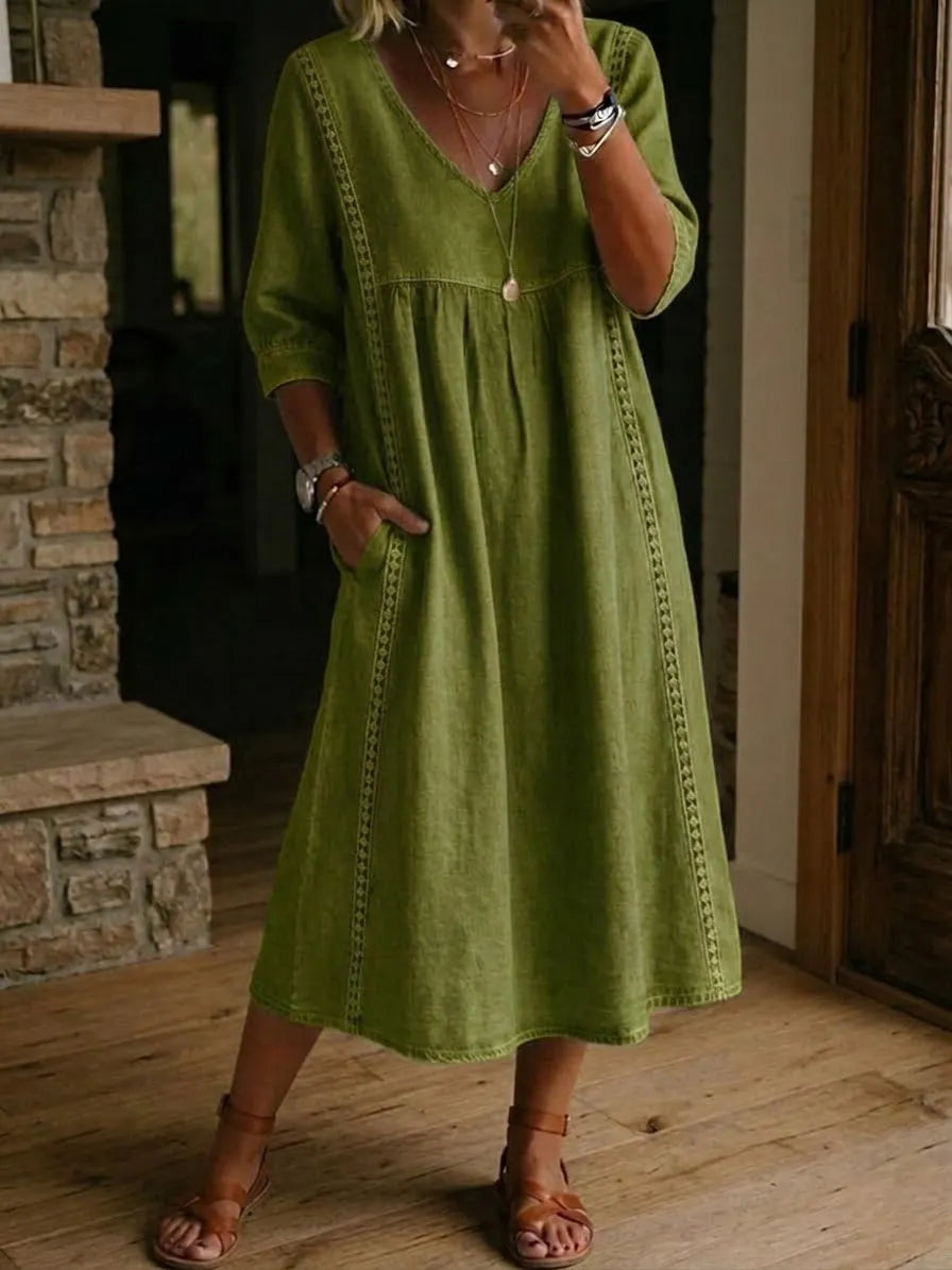 Clearance Sale🔥 Women's Casual Loose-fitting Patchwork Lace Trim Linen And Cotton Dress