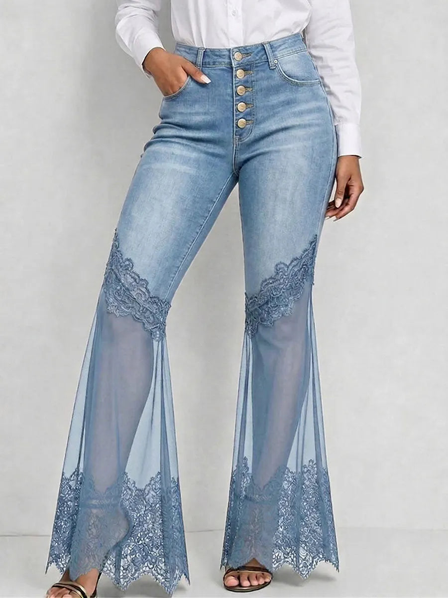Women's High-waisted Loose-fit Lace-paneled Denim Wide-leg Pants
