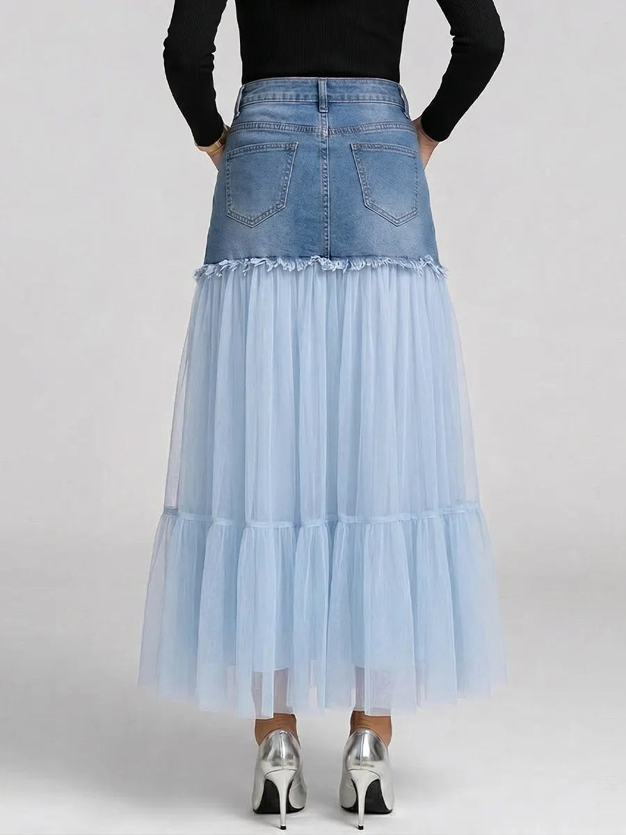Women's High-waisted Loose-fit Casual Denim-paneled Skirt