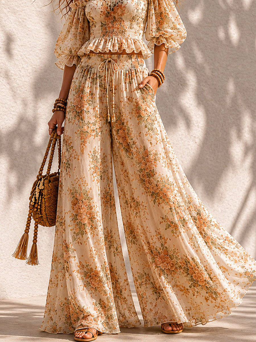Boho Floral Off-Shoulder Smocked Top & Wide-Leg Pants Two-Piece Set