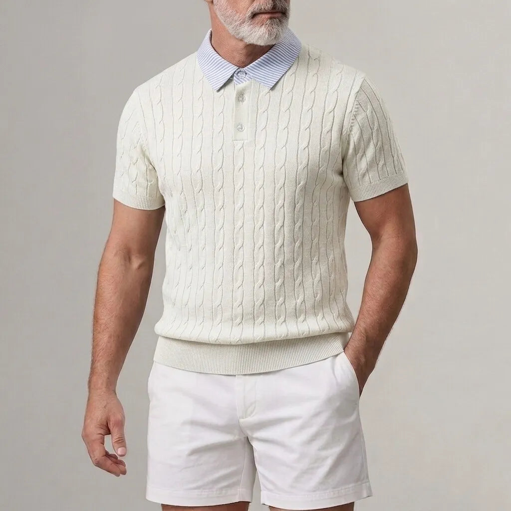 Men's Cable Knitted Striped Turndown Collar Short Sleeve 2 in 1 Polo Shirt