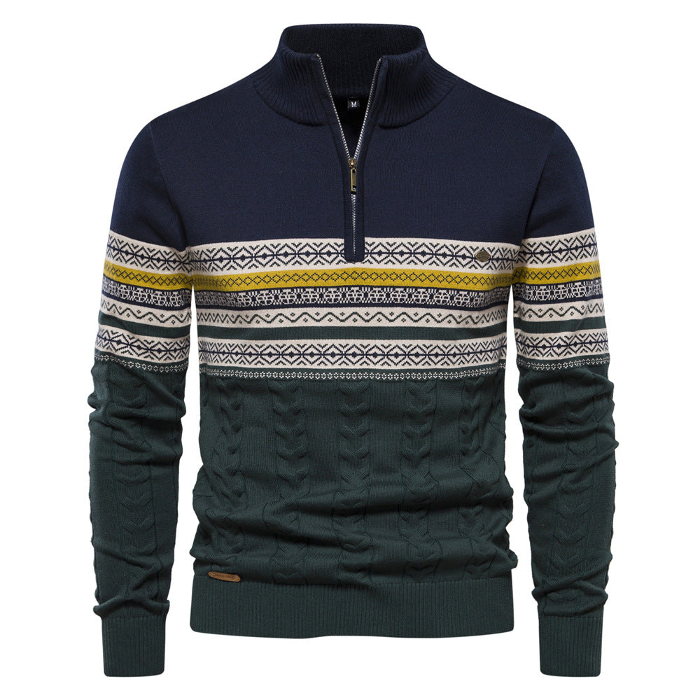 Men's Contrast Color Stand Collar Zip Long Sleeve Fleece Sweatshirt