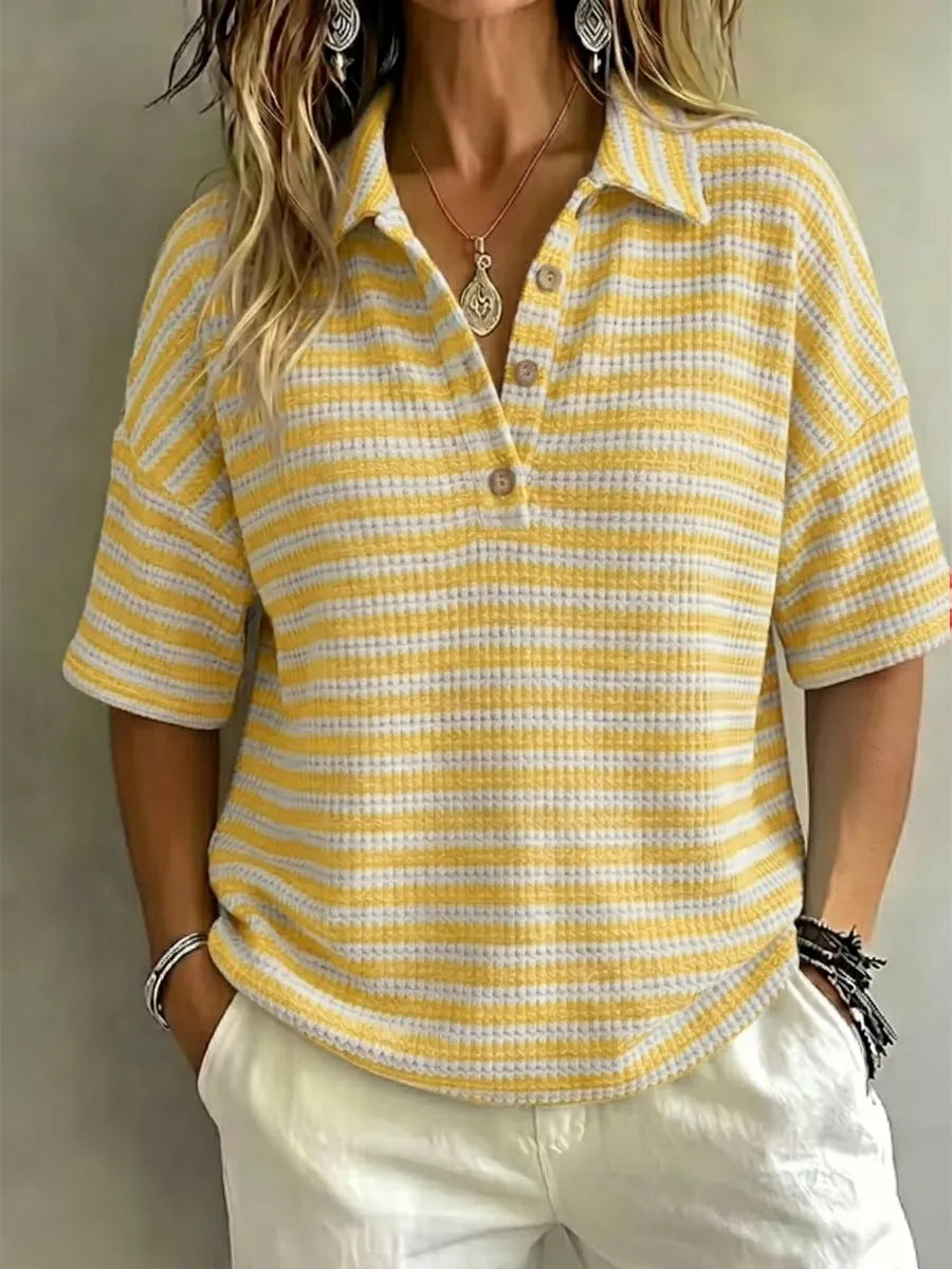 CLEARANCE SALE Women'S Fashion Striped Waffle Short-Sleeved Polo Shirt
