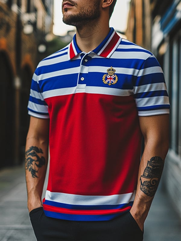 Men's Business Logo Stripe Short Sleeve Button Collar Polo Shirt