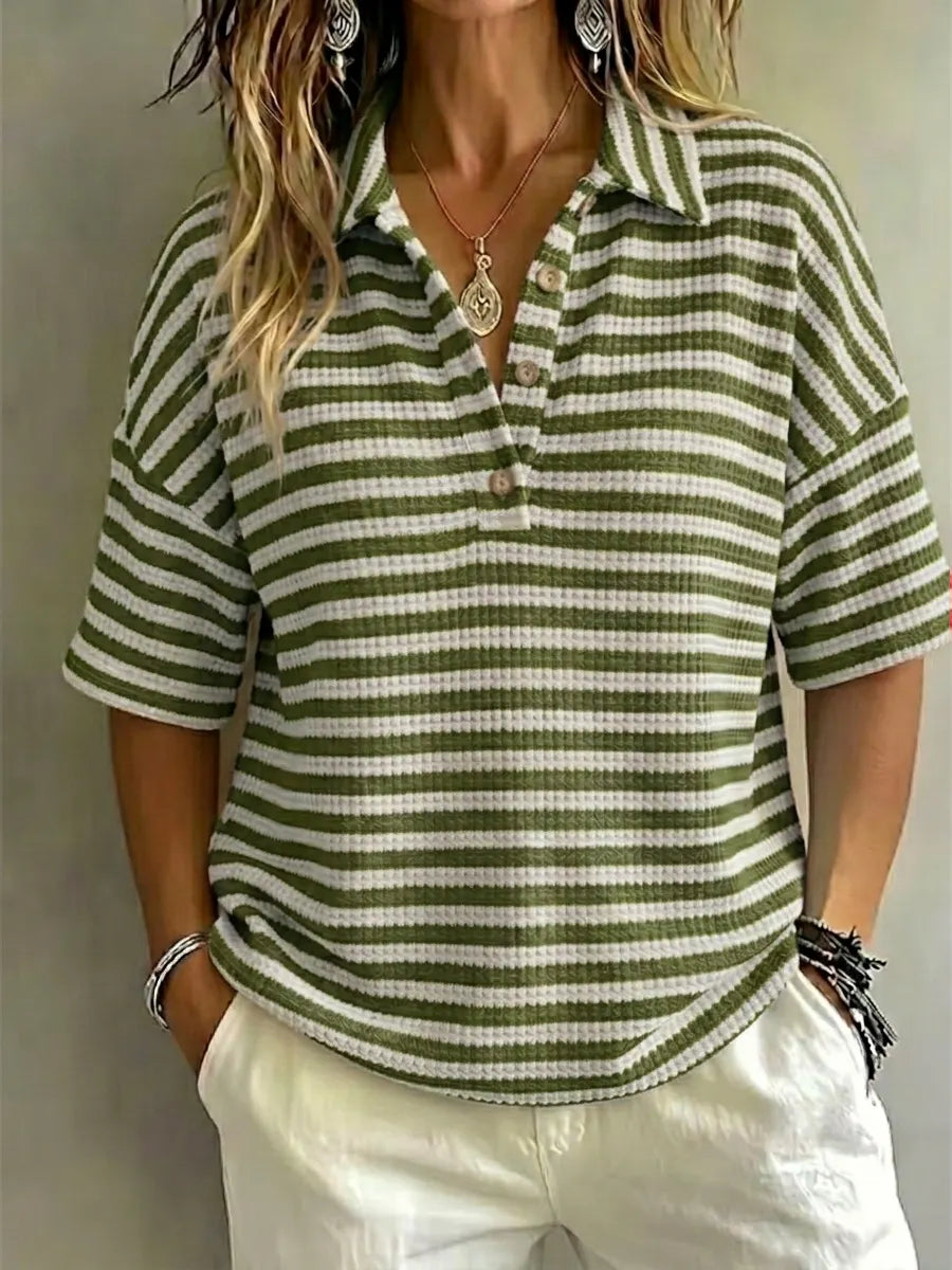 CLEARANCE SALE Women'S Fashion Striped Waffle Short-Sleeved Polo Shirt