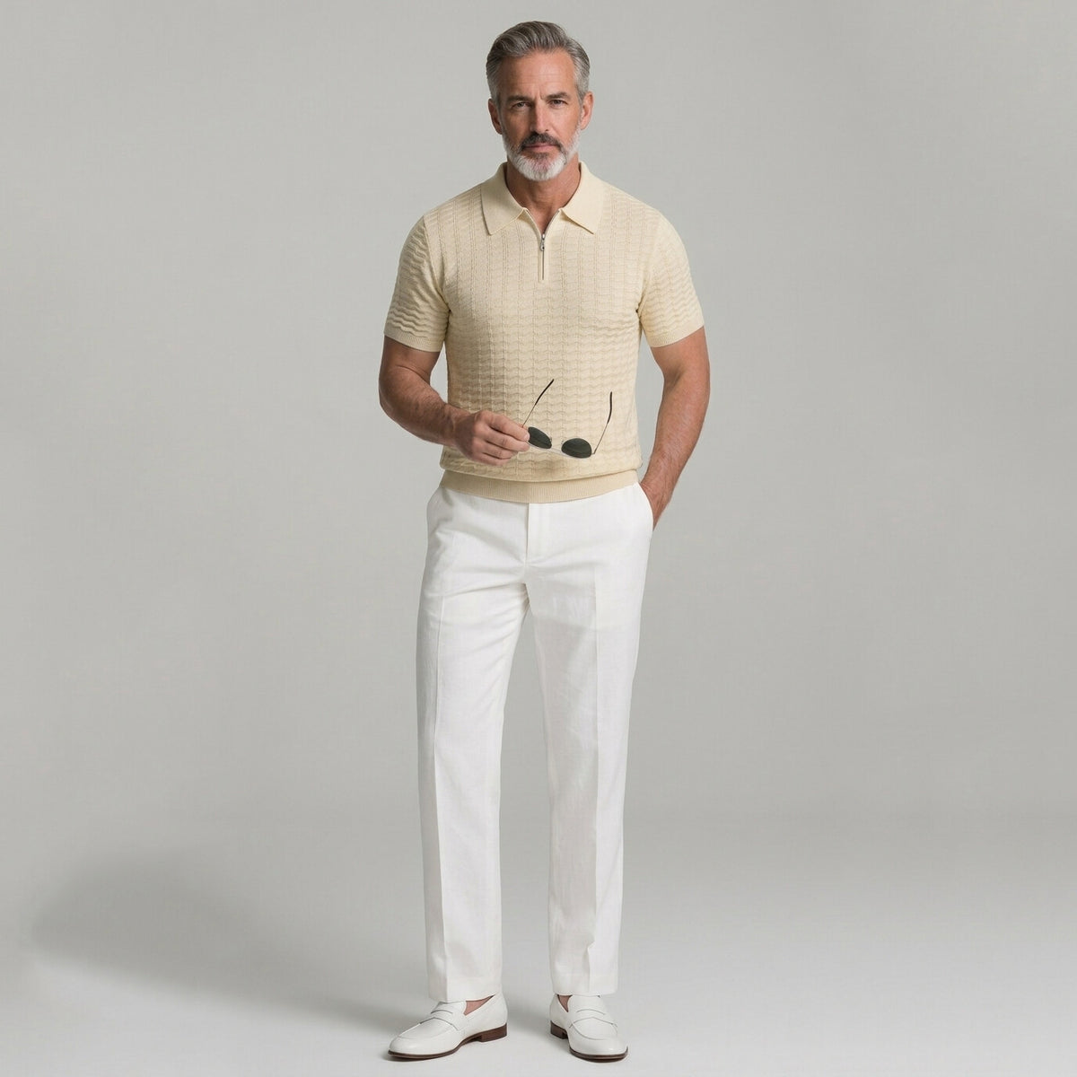 Men's Business Casual Solid Color Geometric Texture Zipper Polo Shirt