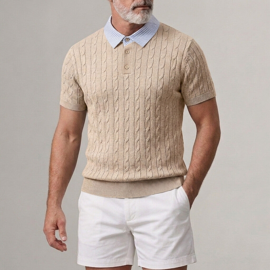 Men's Cable Knitted Striped Turndown Collar Short Sleeve 2 in 1 Polo Shirt