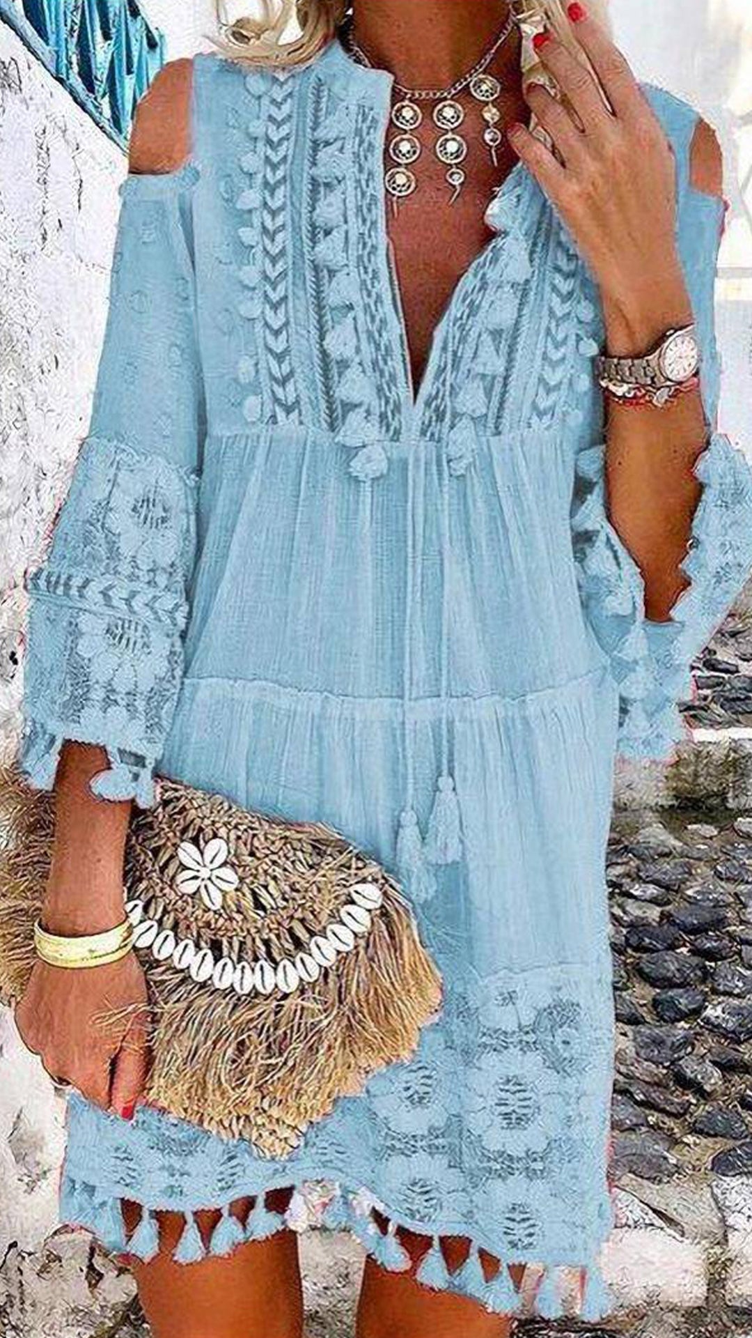 Women's Bohemian Tassel Cotton-Blend Dress
