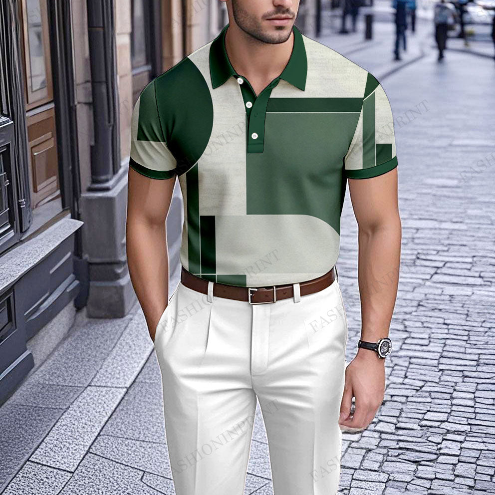 Men's Casual Green & Beige Geometric Patterns Printed Short-Sleeve Polo Shirt203796