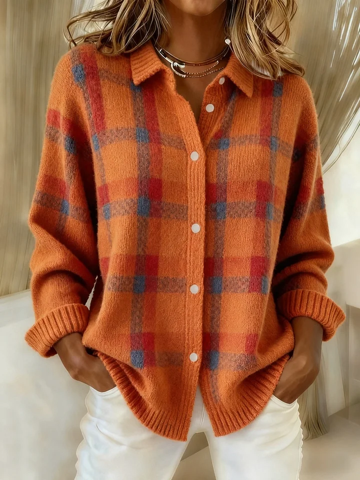 CLEARANCE SALE🔥 Women's Casual Contrast Color Autumn and Winter Retro Plaid Print Buttoned Cardigan Sweater