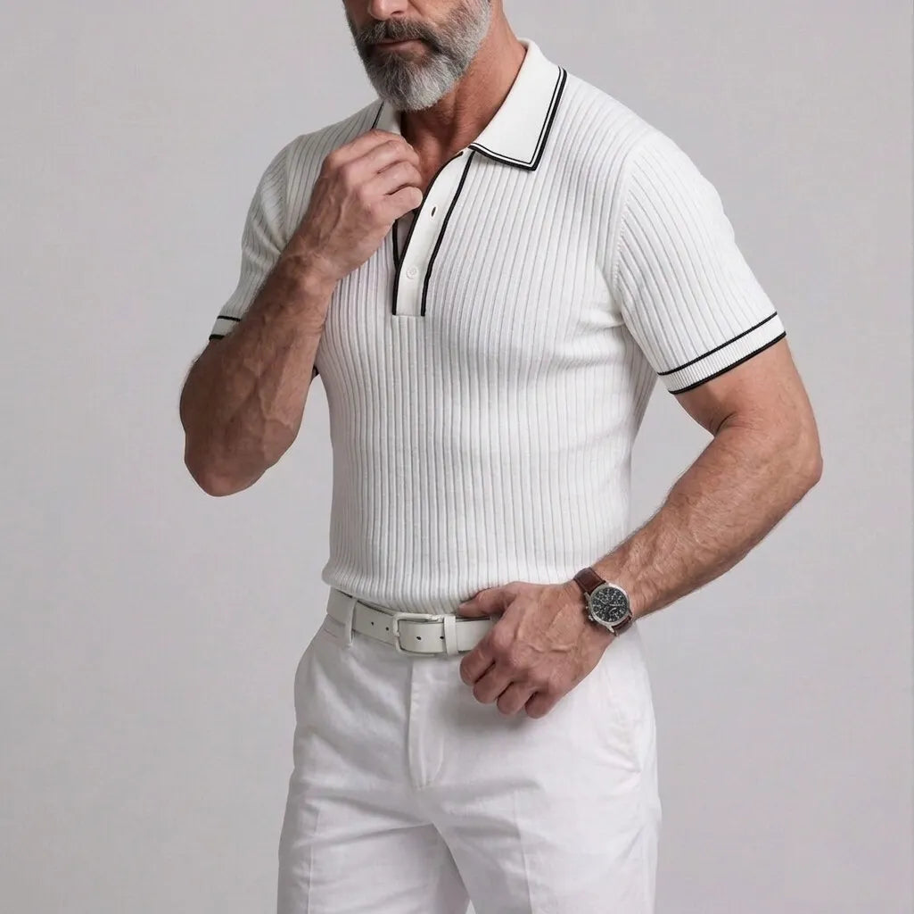 Men's Casual Navy Blue Ribbed Knit Contrast Binding Slim Fit Polo Shirt