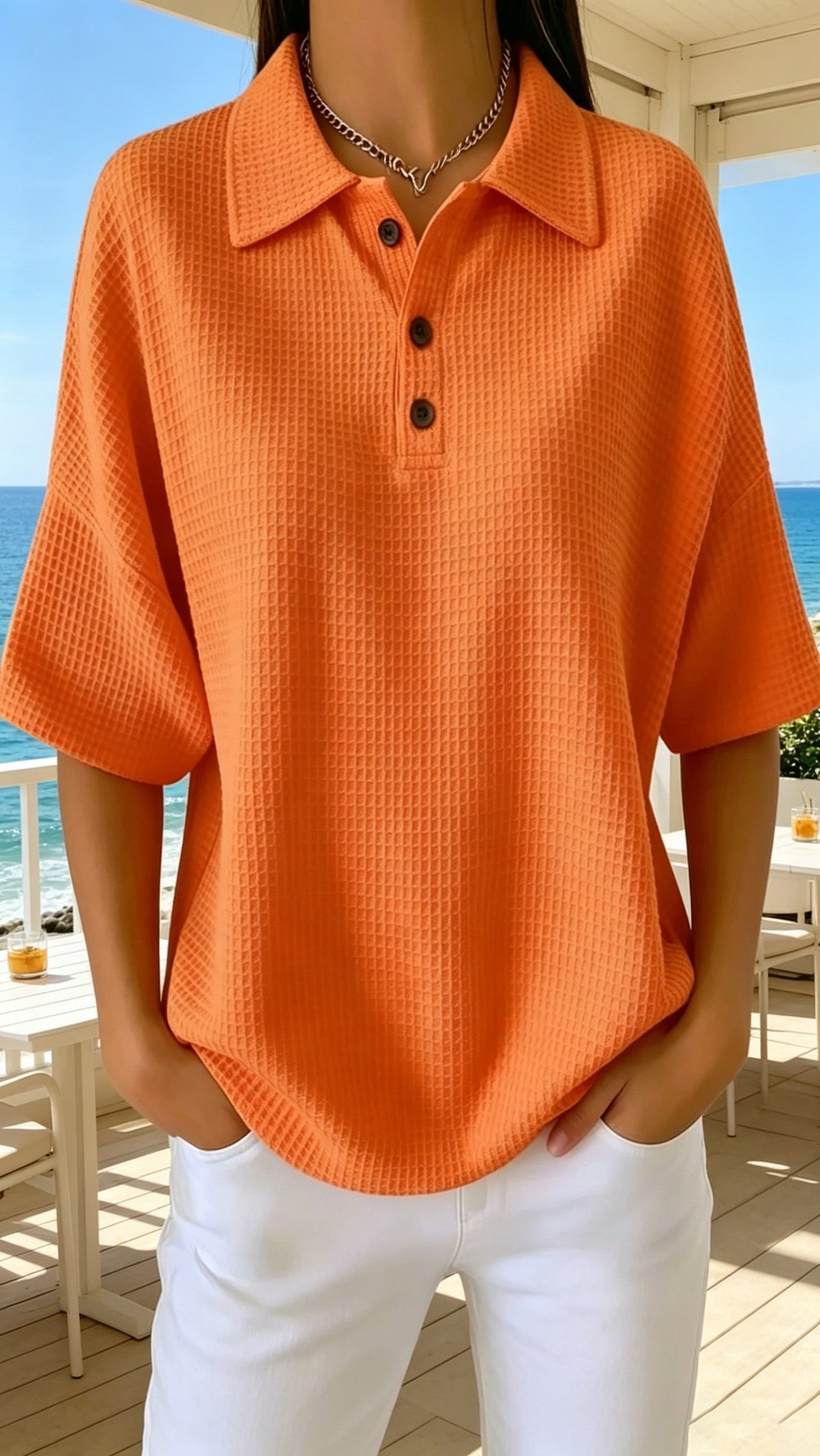 Women's Button-Front Waffle-Knit Short-Sleeve T-Shirt