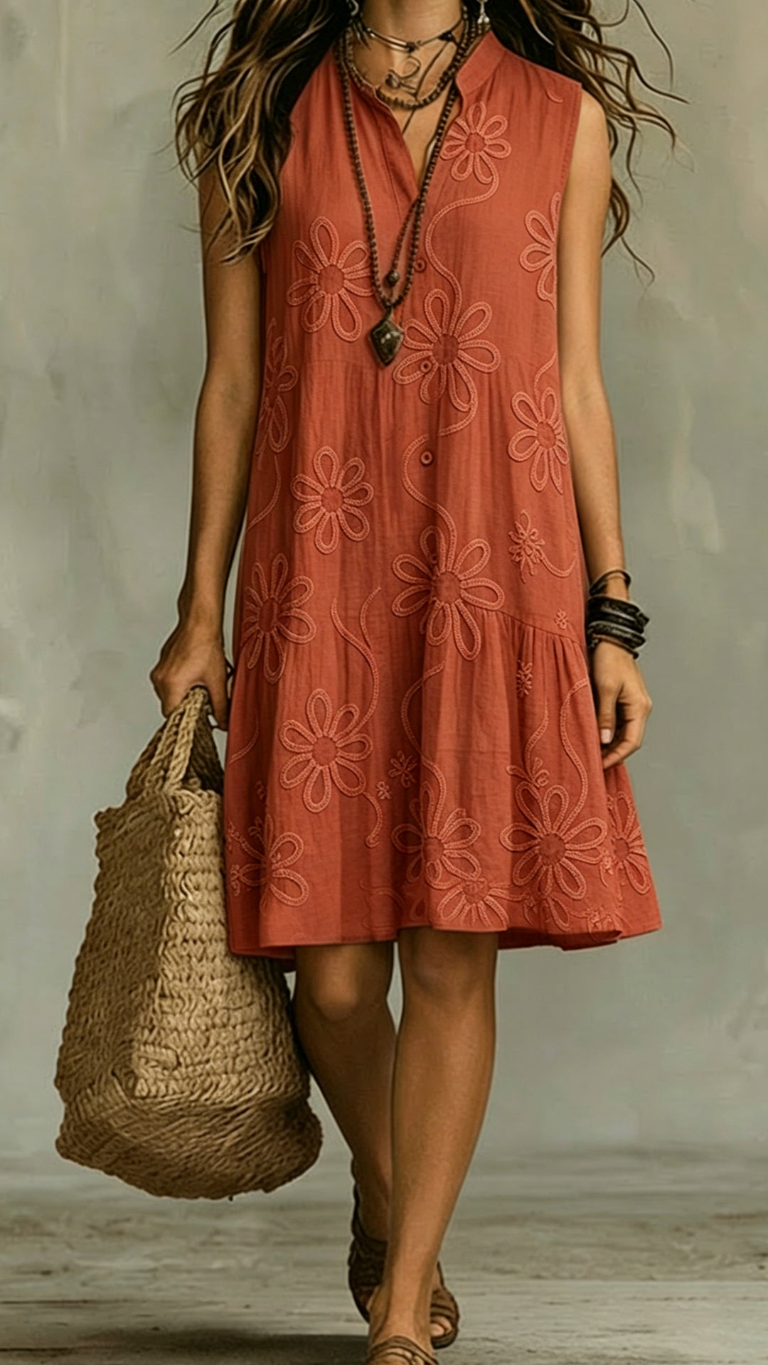 Women's Floral Print Linen-Blend Sleeveless Dress