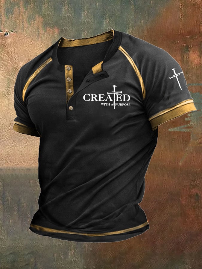 Men'S Created With A Purpose Print Henley Collar Top