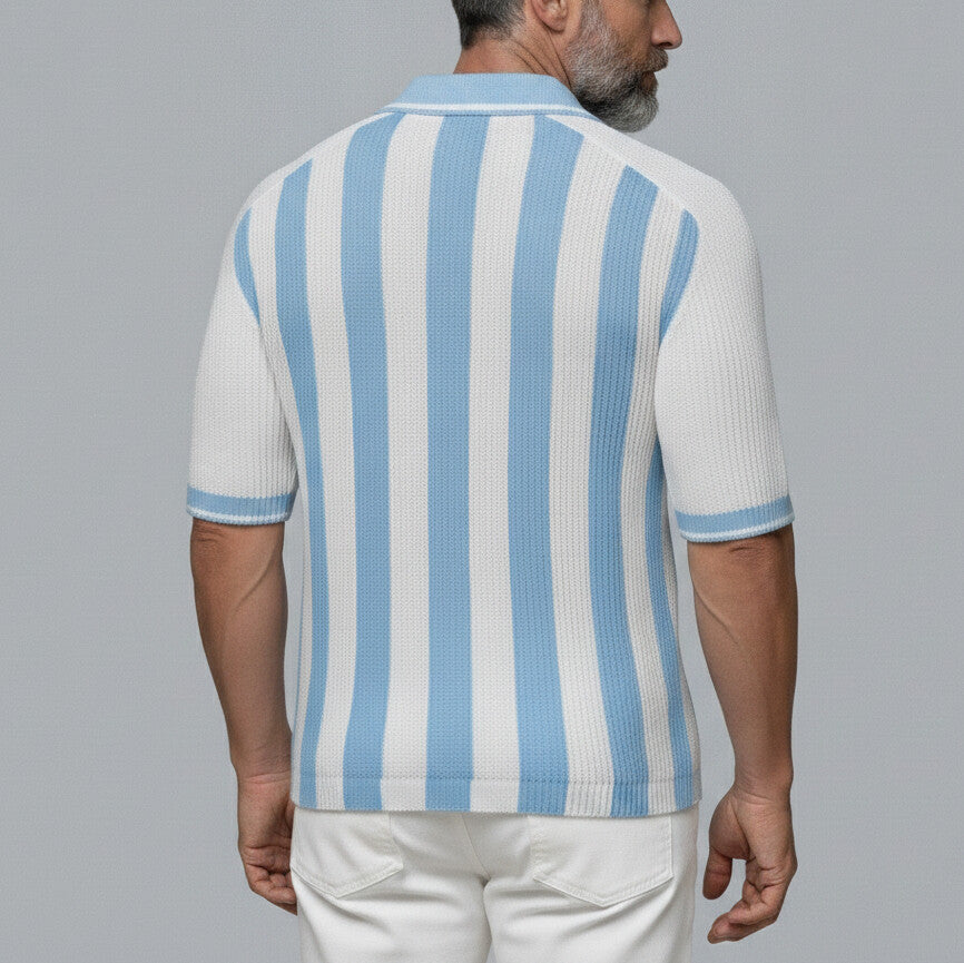 Men's White Contrast Striped Pattern Knitted Short Sleeve Polo Shirt