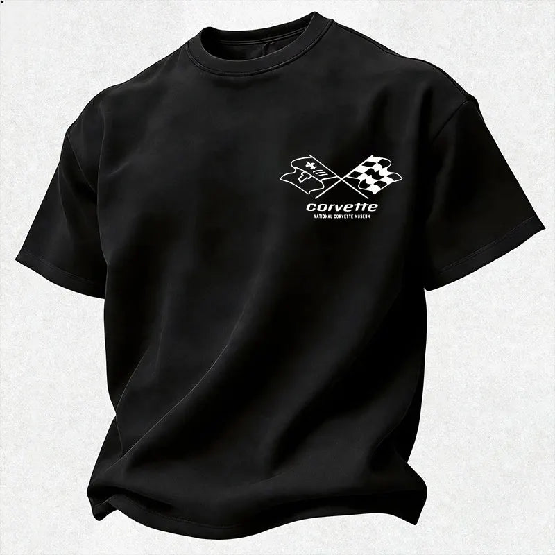 Vette NATIONAL VETTE MUSEUM C1 First Generation Line Art Crossed Flags Logo Cotton Print Men's T-shirt