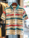 Men's Business Casual Stripe Print Button Short Sleeve Polo Shirt