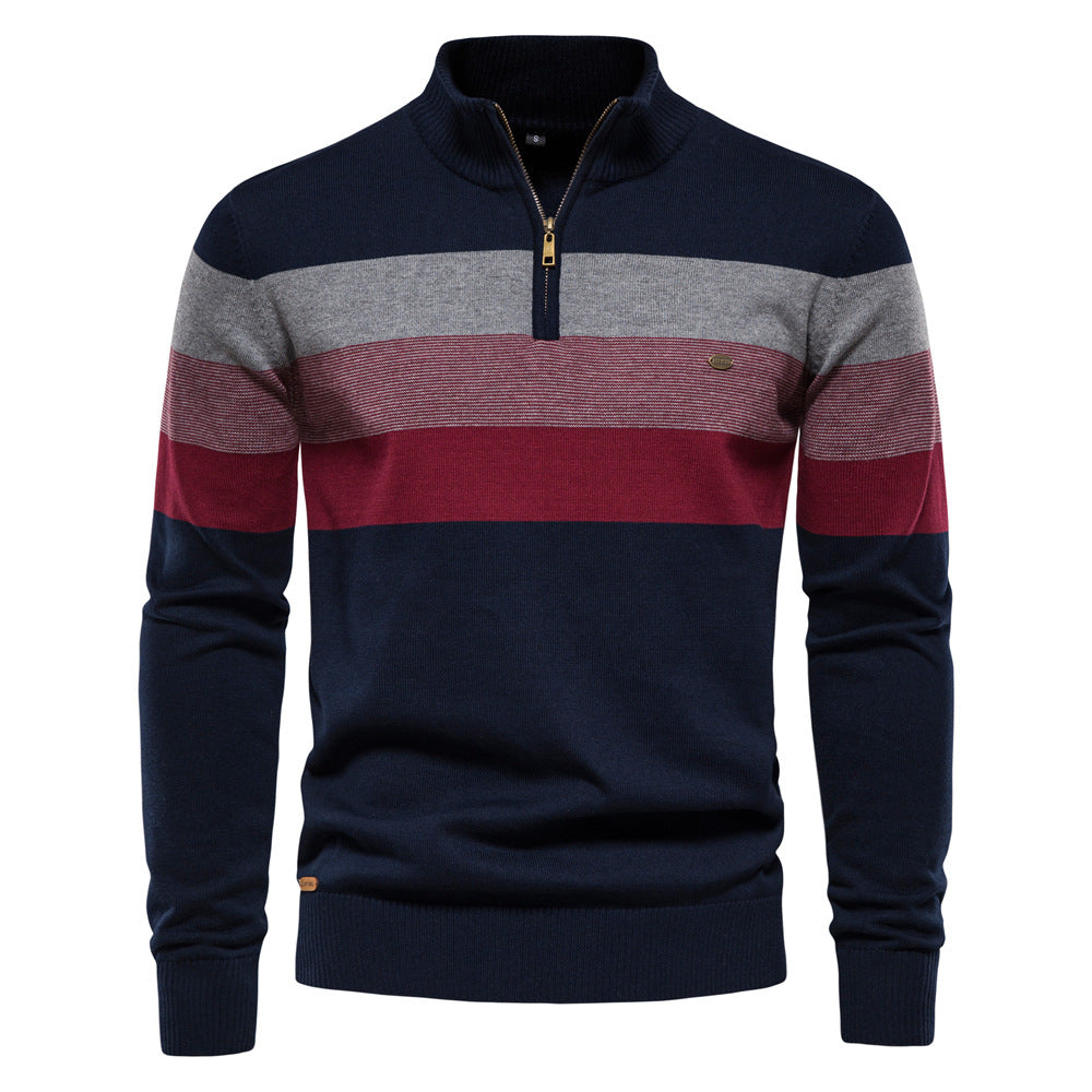 Men's Contrast Color Stand Collar Zip Long Sleeve Fleece Sweatshirt